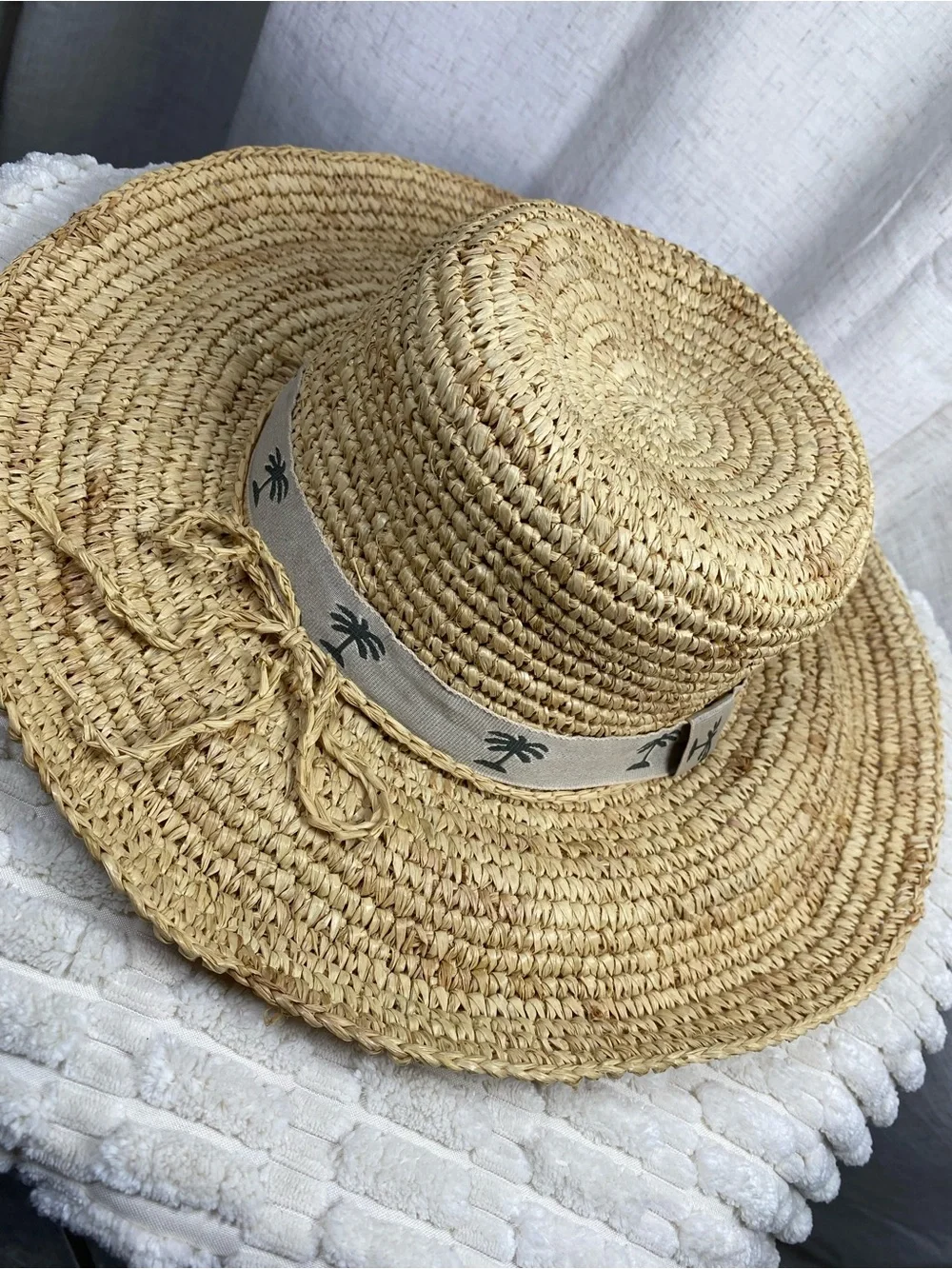 Vintage Panama Jack Straw Hat Wide Brim Palm Tree Ribbon Sun Boater Beach OSFA